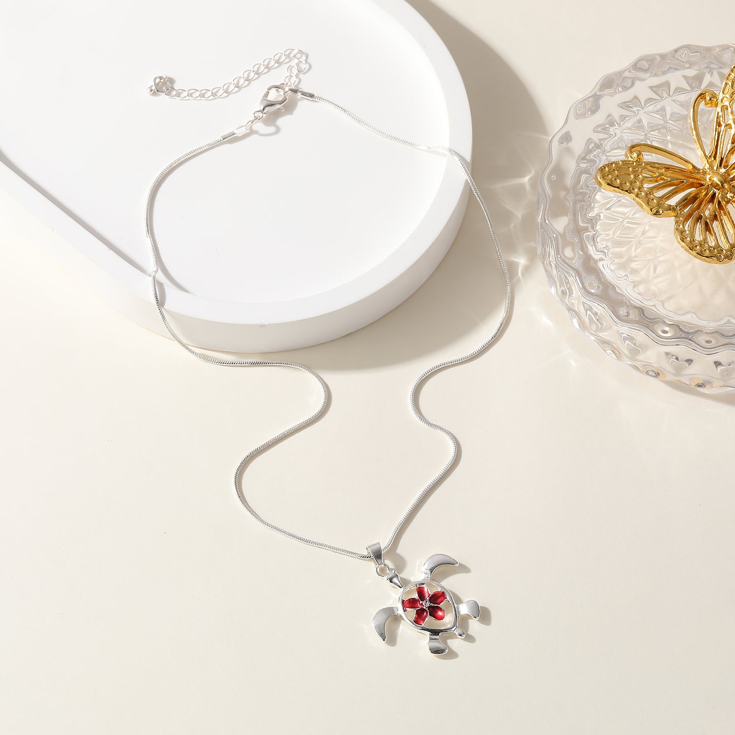 Tortoise with Flower Necklace - Sterling Silver Jewelry for Women - Unique Handmade Gift