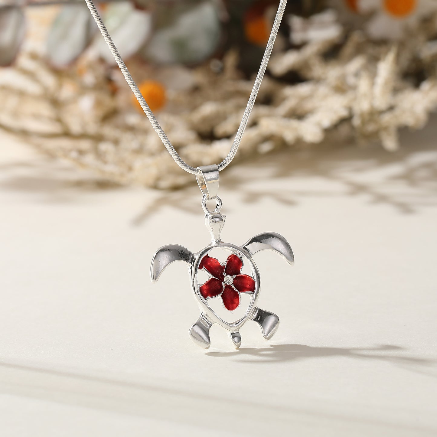 Tortoise with Flower Necklace - Sterling Silver Jewelry for Women - Unique Handmade Gift