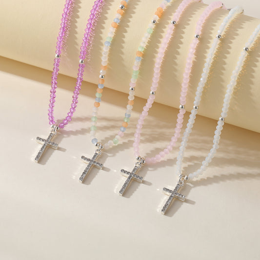 Assorted Beaded Necklace with Crystal Cross - Stylish & Meaningful Jewelry for Women