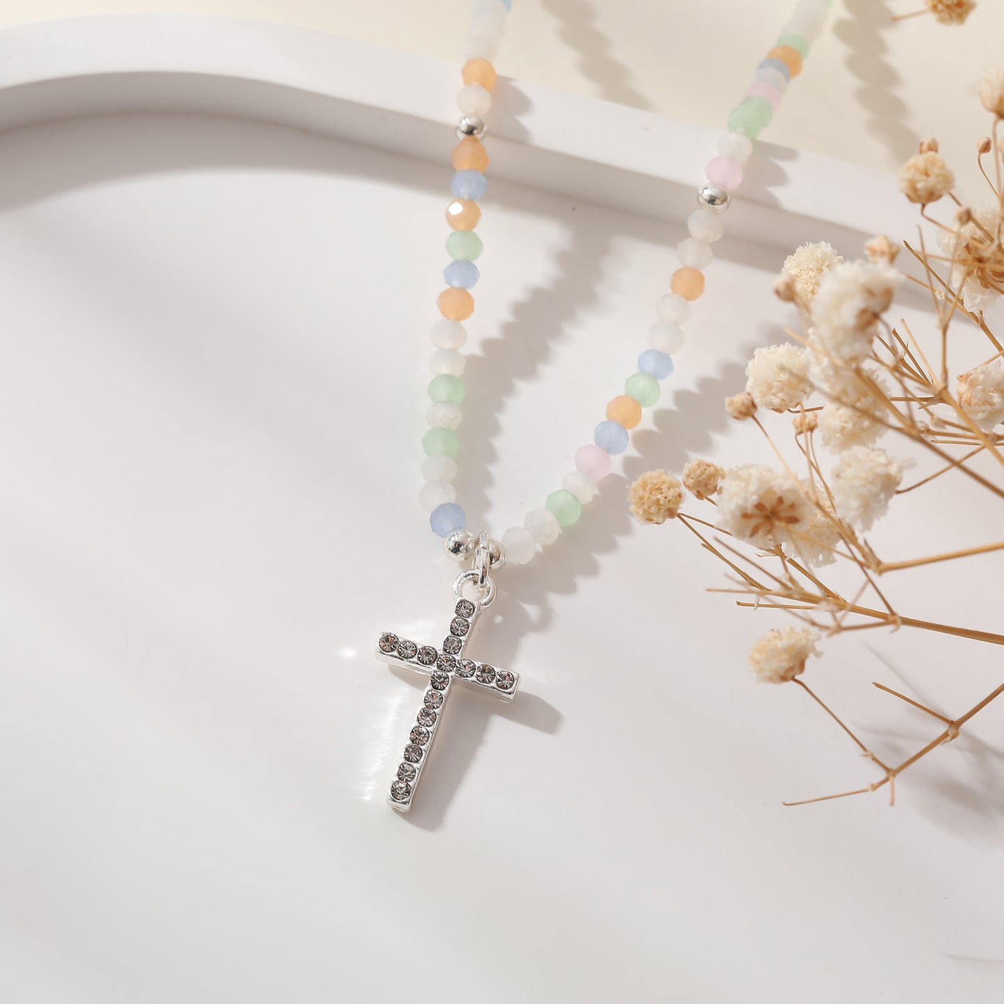 Assorted Beaded Necklace with Crystal Cross - Stylish & Meaningful Jewelry for Women