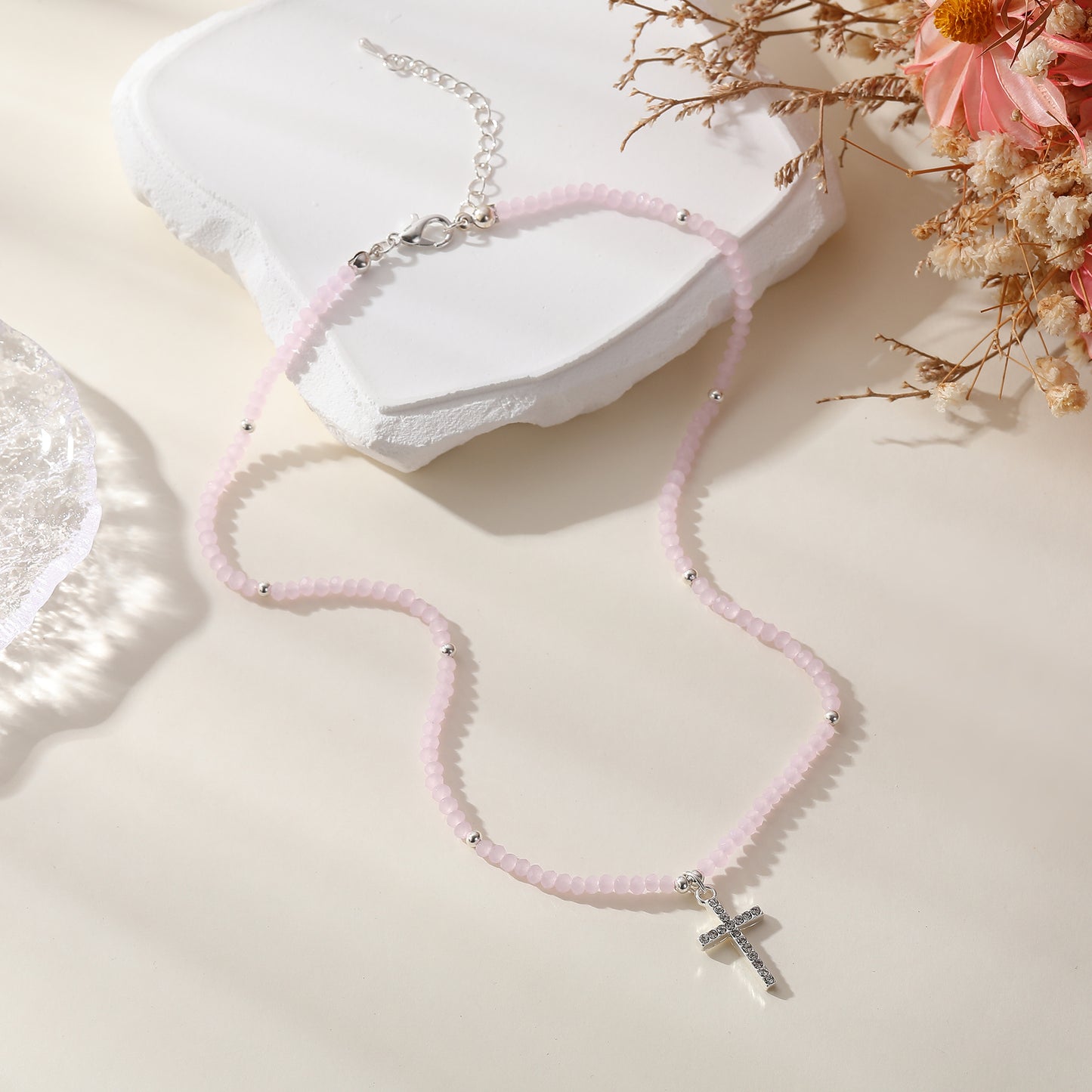 Assorted Beaded Necklace with Crystal Cross - Stylish & Meaningful Jewelry for Women