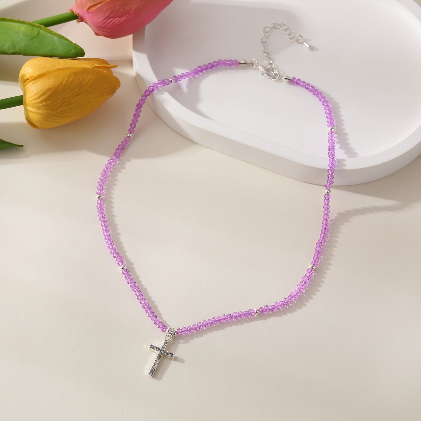 Assorted Beaded Necklace with Crystal Cross - Stylish & Meaningful Jewelry for Women