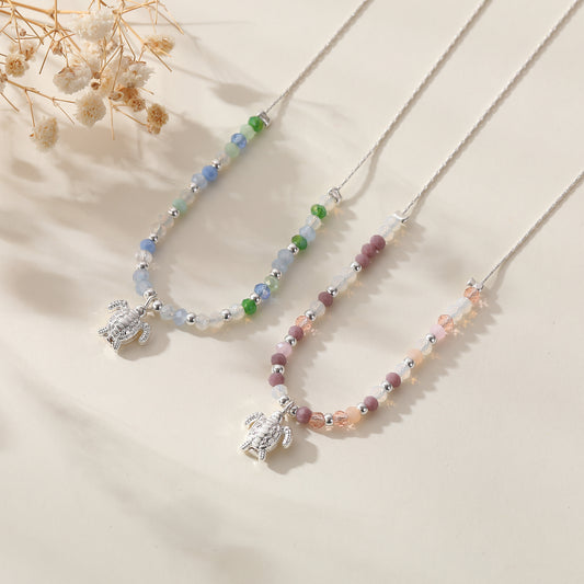Silver Turtle Necklace with Assorted Tiny Beads - Delicate & Colorful Jewelry for Women - Symbol of Longevity & Luck