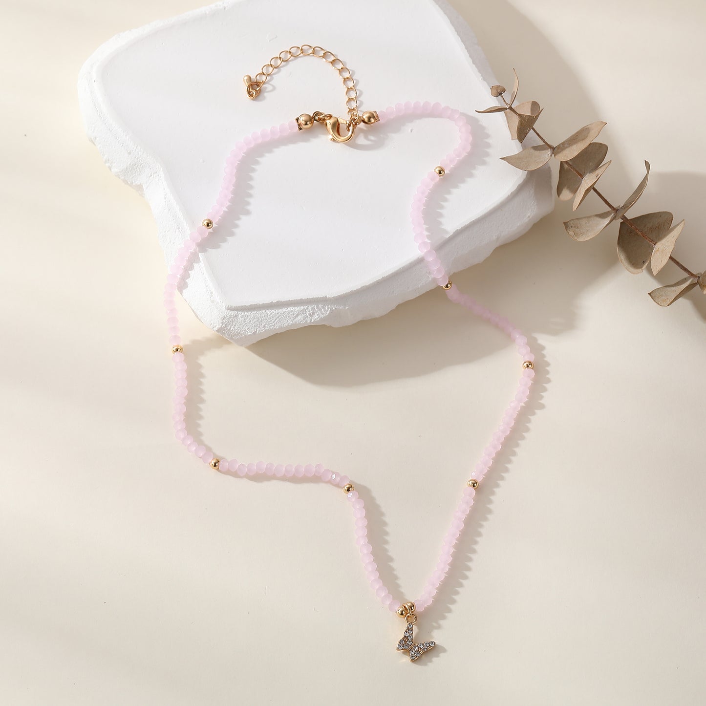 Assorted Pastel Beaded Necklace with Gold & Crystal Butterfly Charm - Elegant & Stylish Jewelry for Women