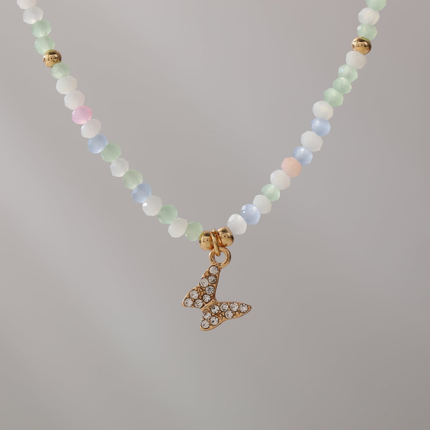 Assorted Pastel Beaded Necklace with Gold & Crystal Butterfly Charm - Elegant & Stylish Jewelry for Women