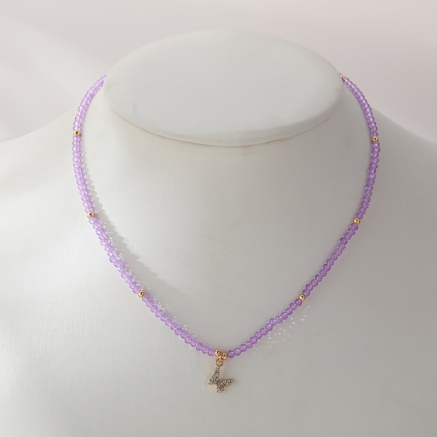 Assorted Pastel Beaded Necklace with Gold & Crystal Butterfly Charm - Elegant & Stylish Jewelry for Women