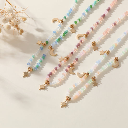 Assorted Multi-Color Bead Necklace with Gold Moon & Star Charms - Charming & Elegant Jewelry for Women