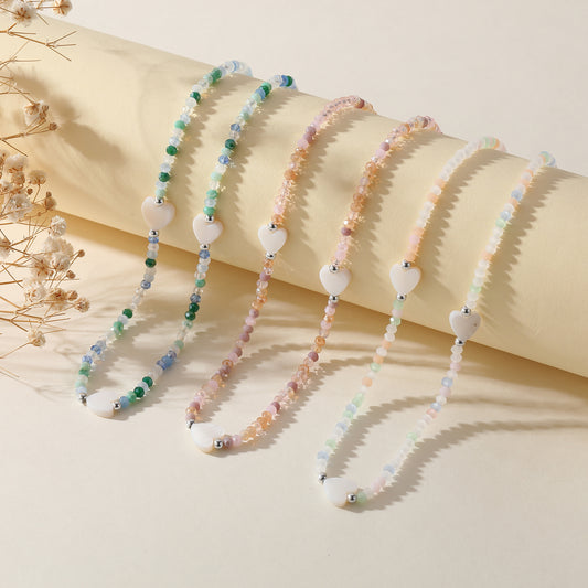Pastel Assorted Beaded Necklace with White Heart Charm - Delicate & Stylish Jewelry for Women