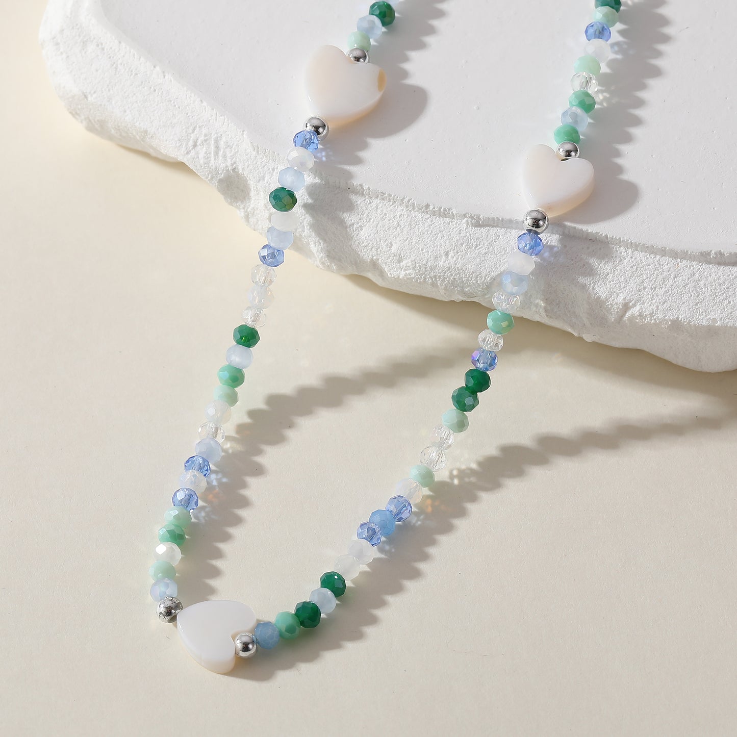 Pastel Assorted Beaded Necklace with White Heart Charm - Delicate & Stylish Jewelry for Women