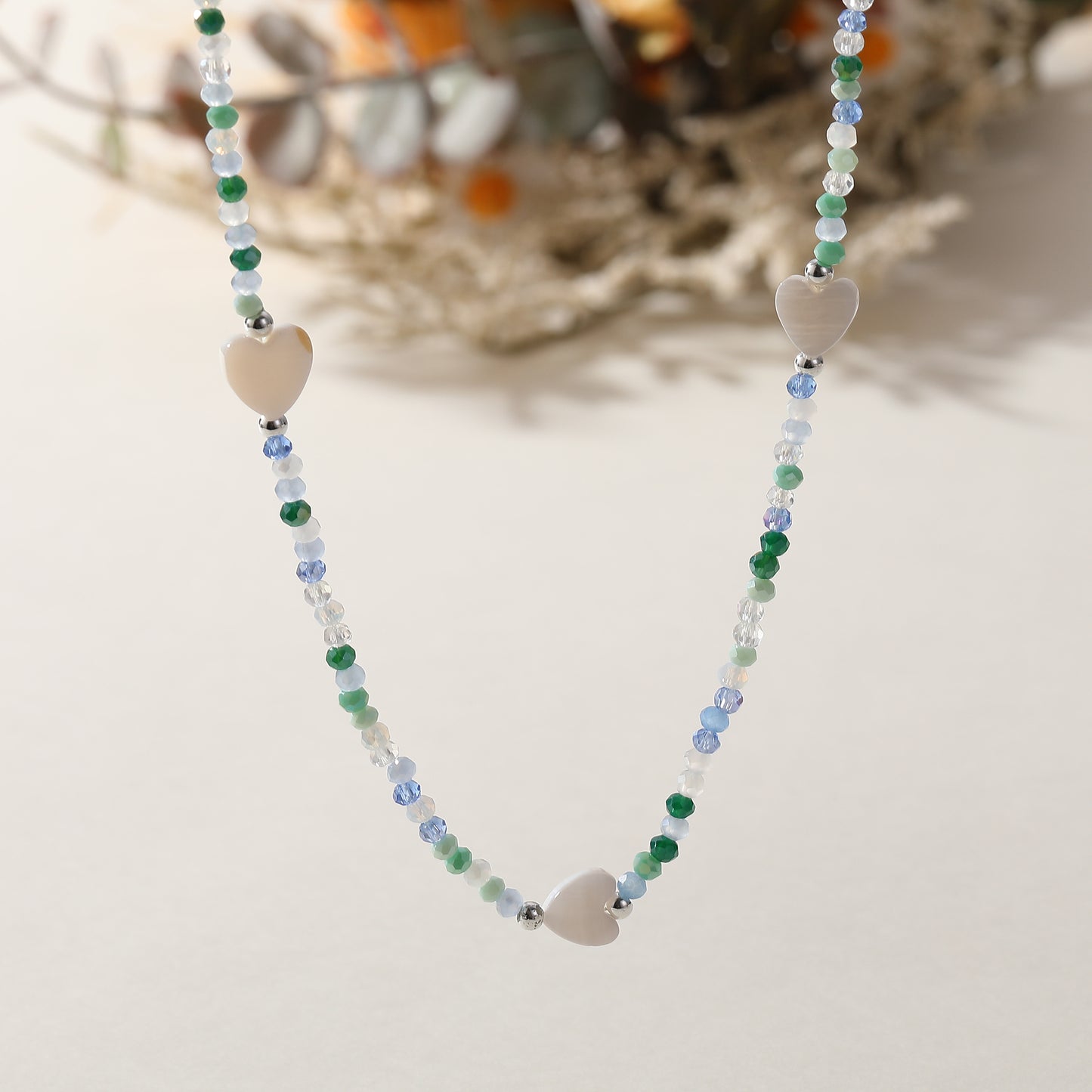 Pastel Assorted Beaded Necklace with White Heart Charm - Delicate & Stylish Jewelry for Women