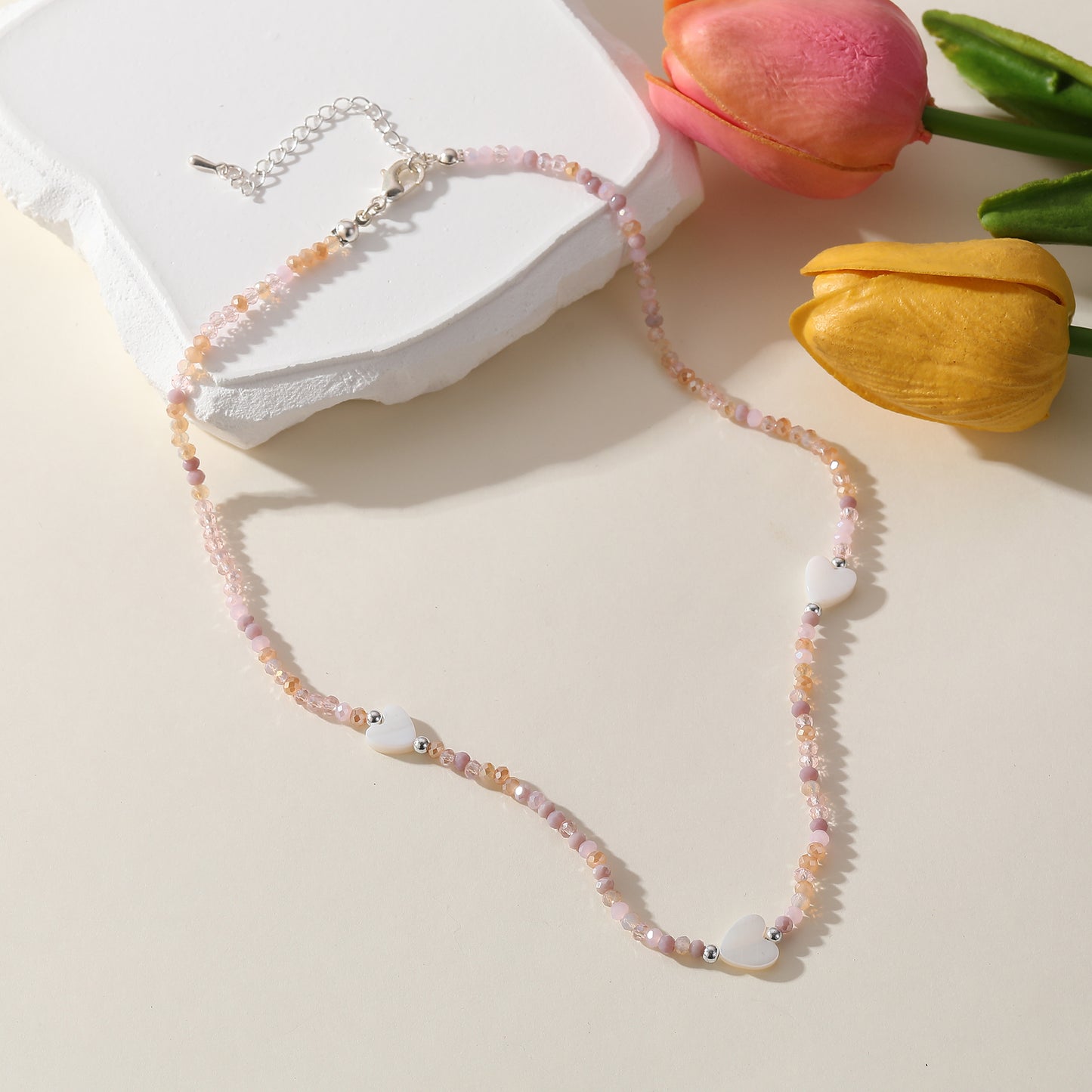 Pastel Assorted Beaded Necklace with White Heart Charm - Delicate & Stylish Jewelry for Women