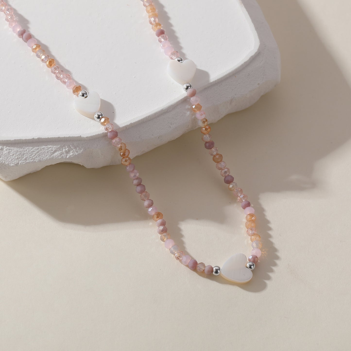 Pastel Assorted Beaded Necklace with White Heart Charm - Delicate & Stylish Jewelry for Women