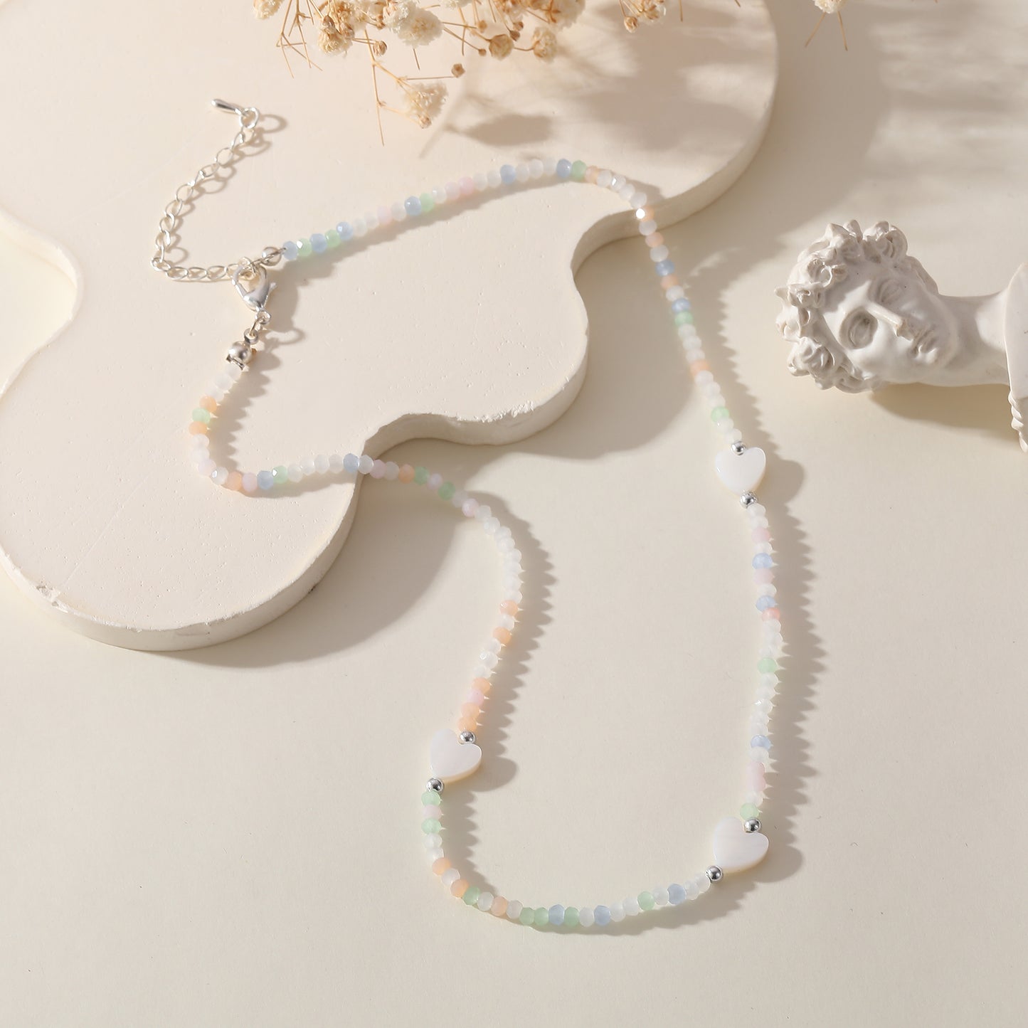 Pastel Assorted Beaded Necklace with White Heart Charm - Delicate & Stylish Jewelry for Women