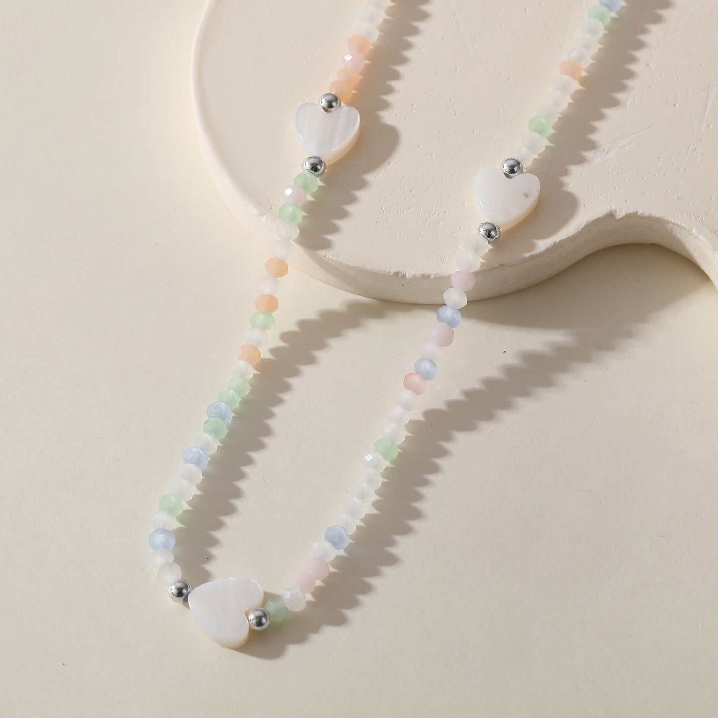 Pastel Assorted Beaded Necklace with White Heart Charm - Delicate & Stylish Jewelry for Women