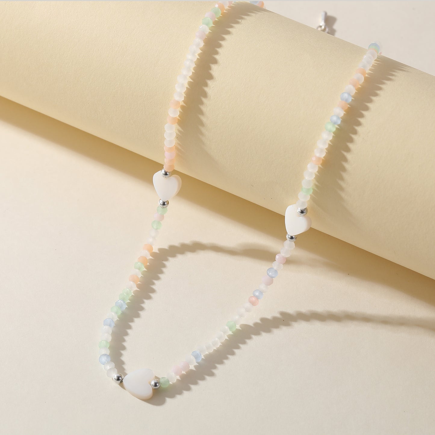 Pastel Assorted Beaded Necklace with White Heart Charm - Delicate & Stylish Jewelry for Women