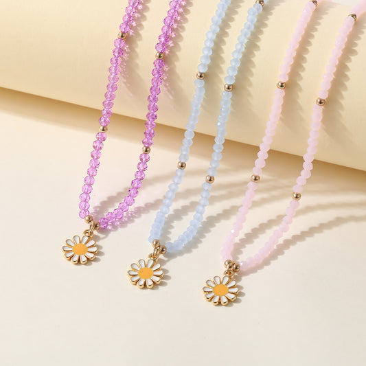 Colorful Bead Necklace with Enamel Daisy Charm & Gold Accent Beads - Boho Style Jewelry for Women - Perfect for Spring, Summer, Everyday Style