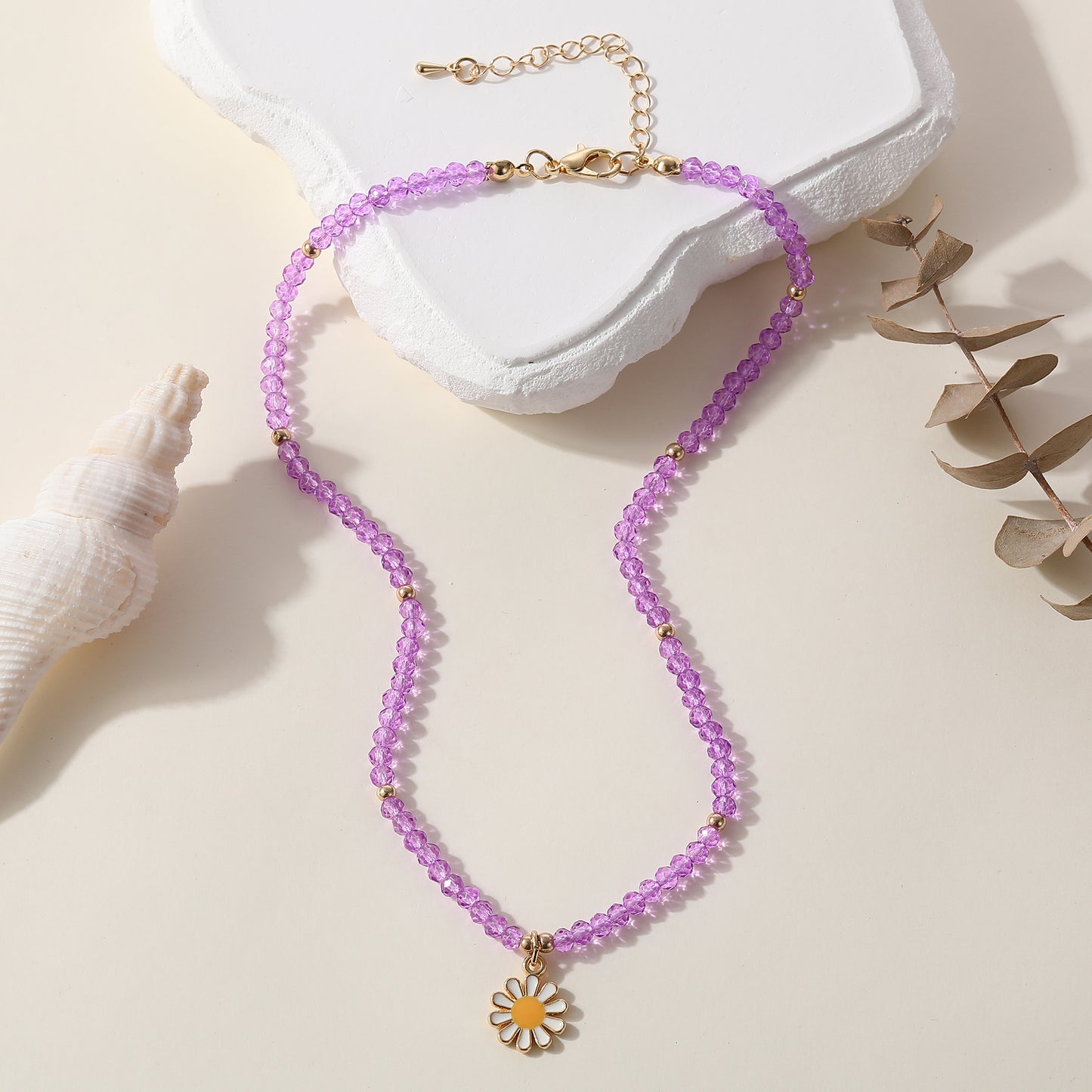 Colorful Bead Necklace with Enamel Daisy Charm & Gold Accent Beads - Boho Style Jewelry for Women - Perfect for Spring, Summer, Everyday Style