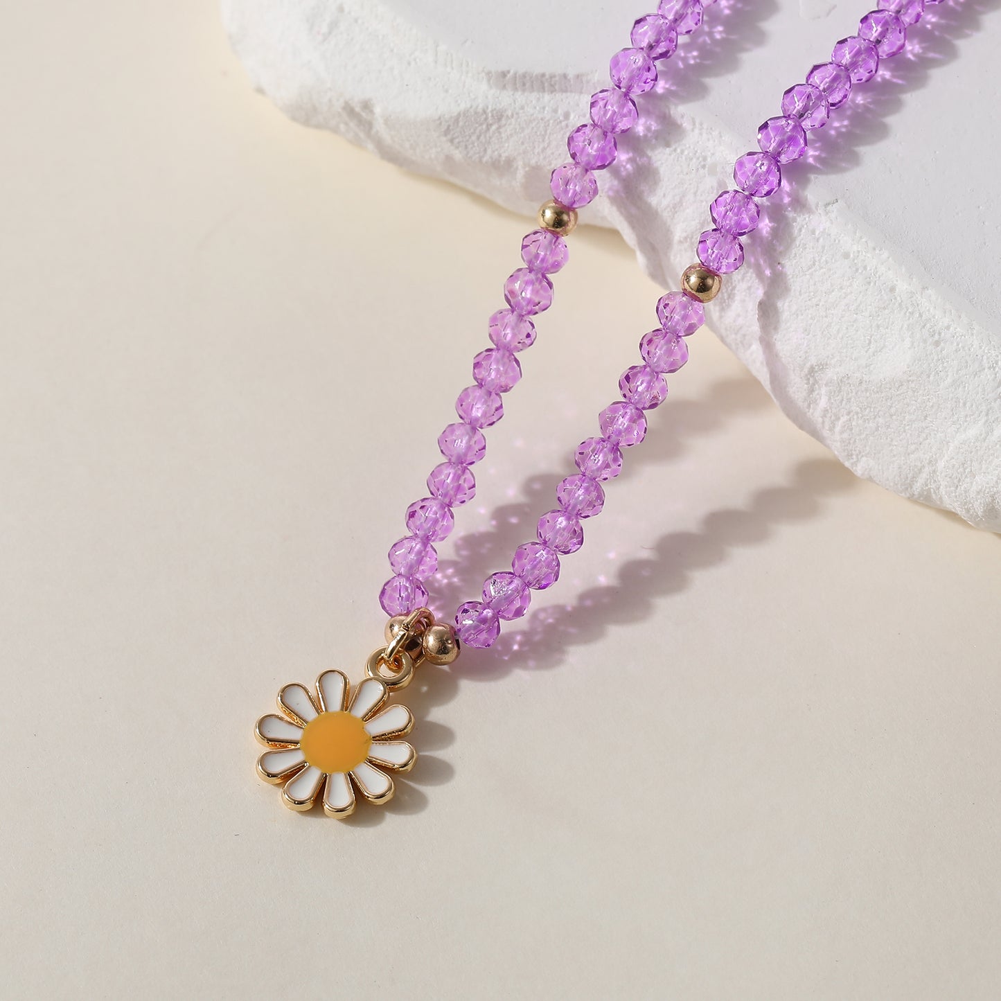 Colorful Bead Necklace with Enamel Daisy Charm & Gold Accent Beads - Boho Style Jewelry for Women - Perfect for Spring, Summer, Everyday Style