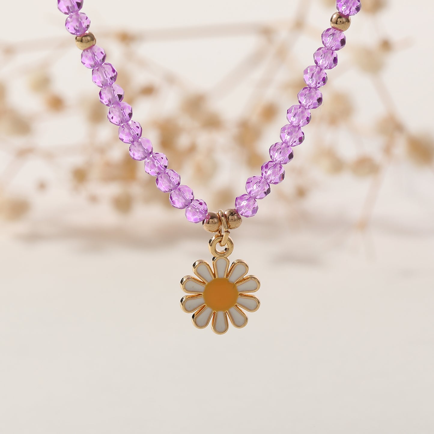 Colorful Bead Necklace with Enamel Daisy Charm & Gold Accent Beads - Boho Style Jewelry for Women - Perfect for Spring, Summer, Everyday Style