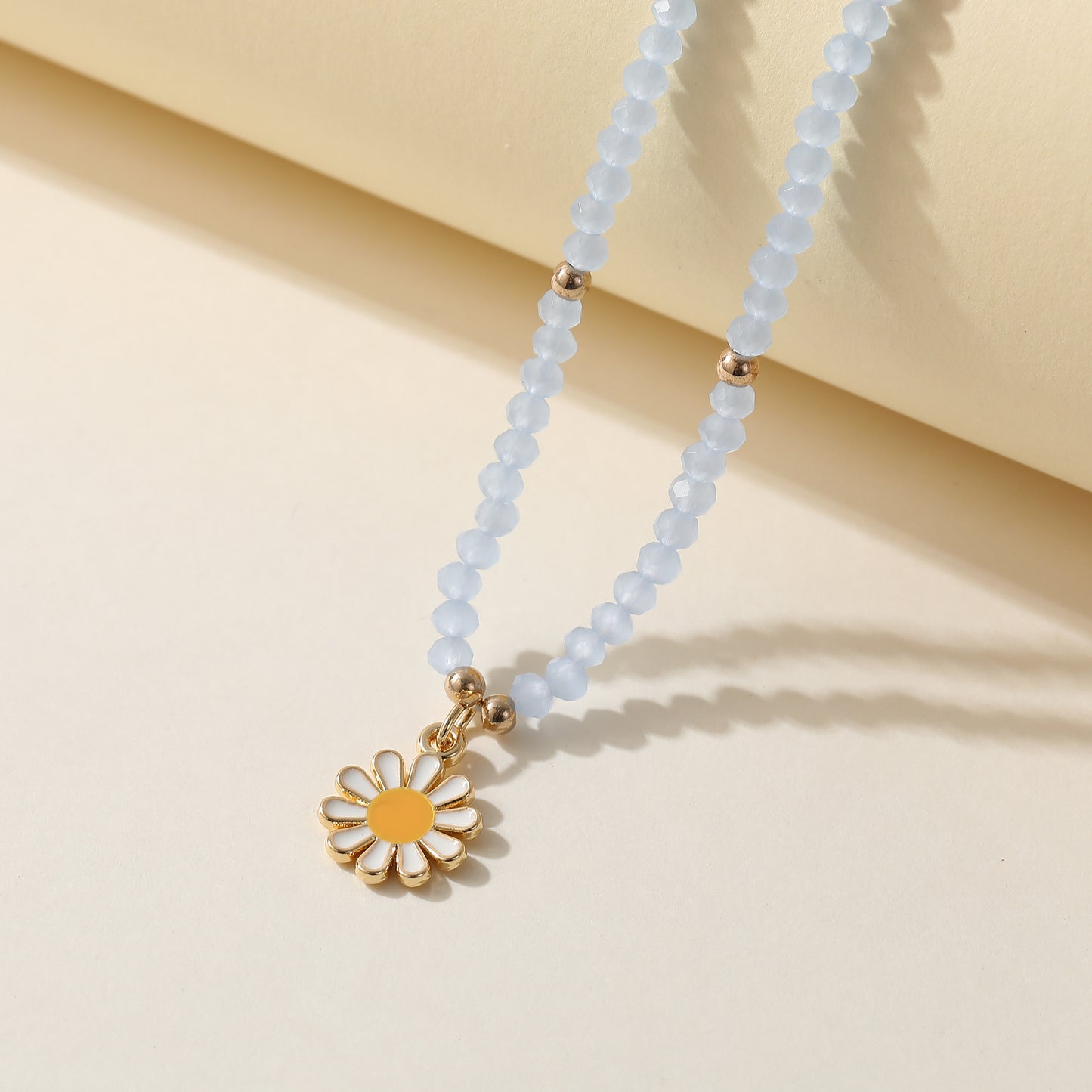 Colorful Bead Necklace with Enamel Daisy Charm & Gold Accent Beads - Boho Style Jewelry for Women - Perfect for Spring, Summer, Everyday Style