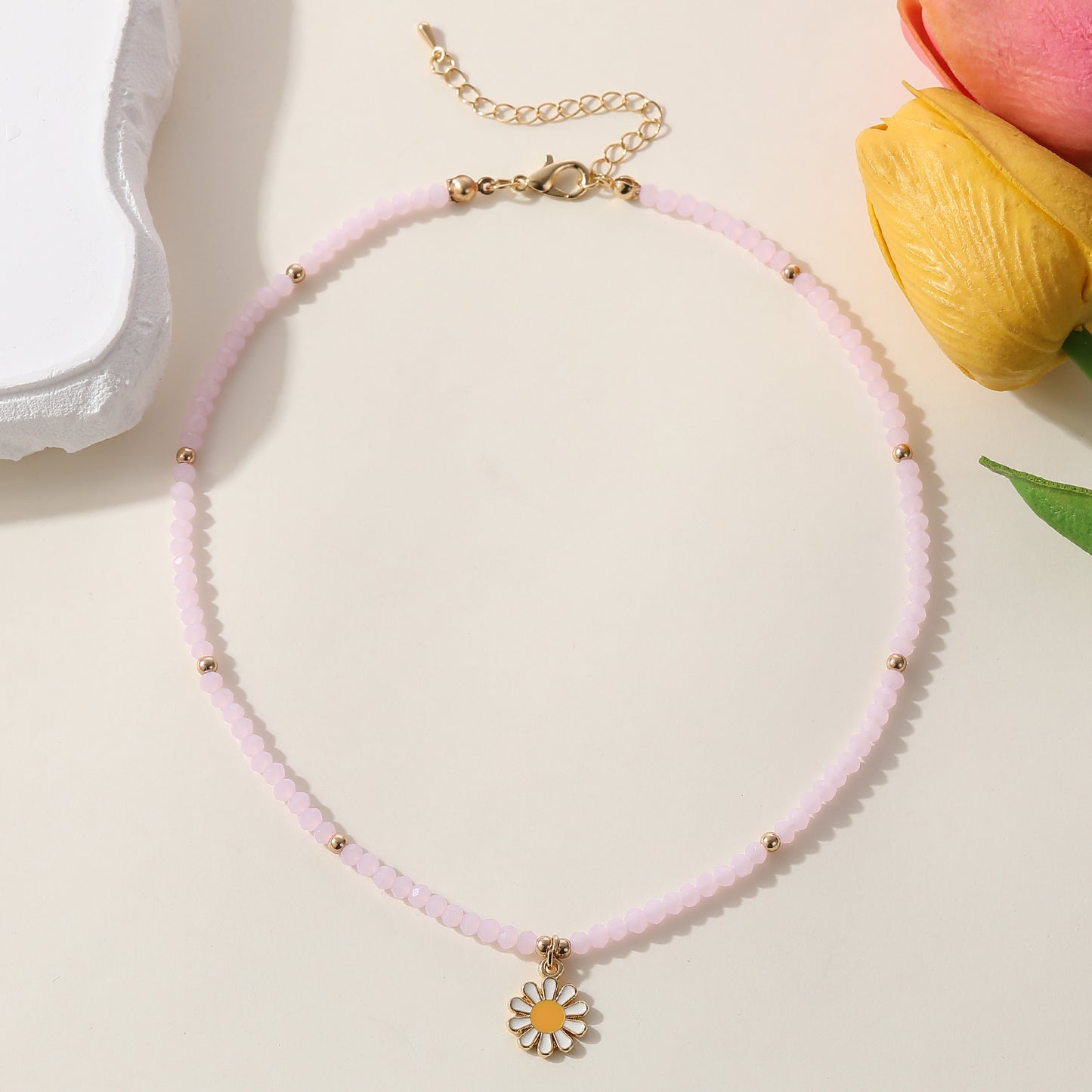 Colorful Bead Necklace with Enamel Daisy Charm & Gold Accent Beads - Boho Style Jewelry for Women - Perfect for Spring, Summer, Everyday Style