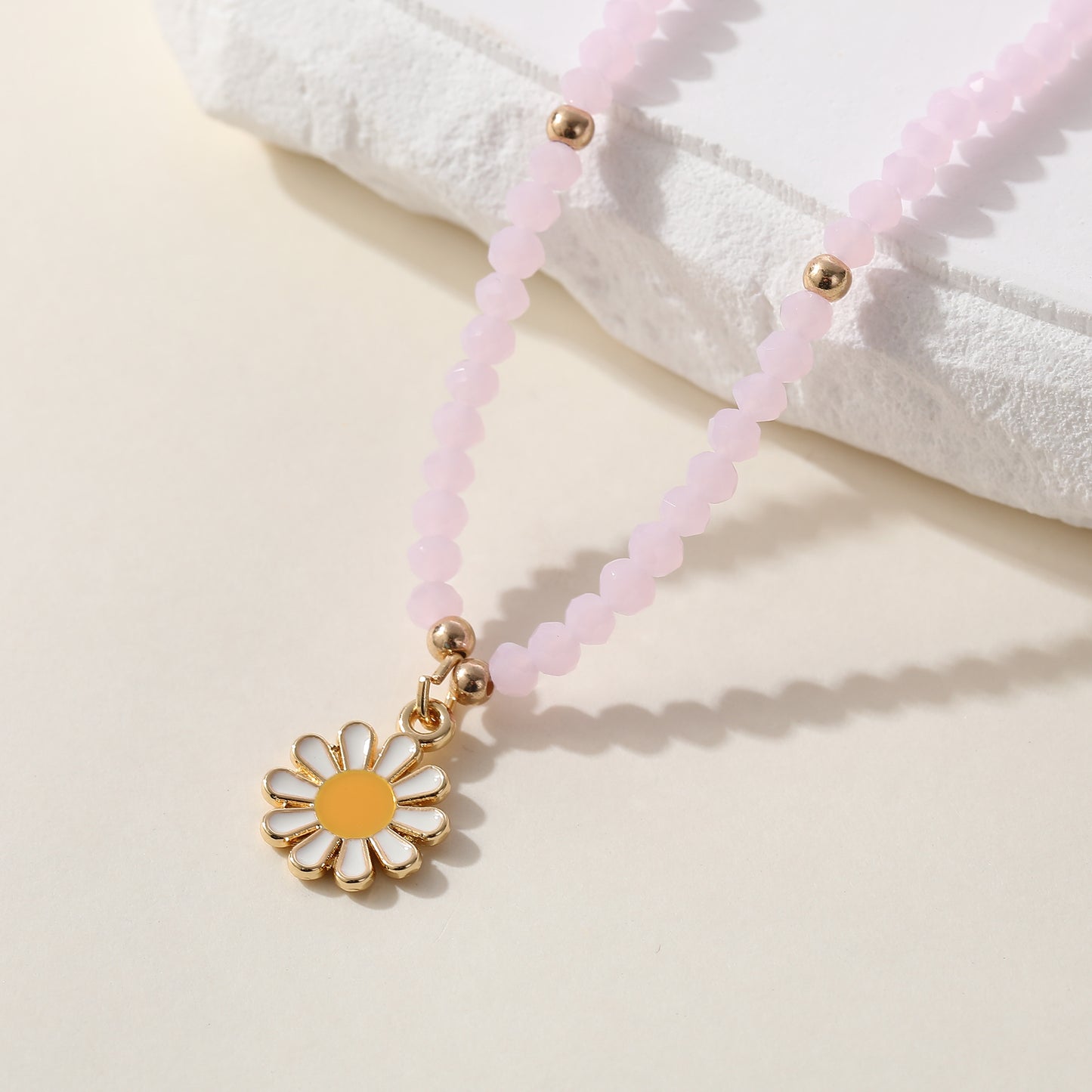 Colorful Bead Necklace with Enamel Daisy Charm & Gold Accent Beads - Boho Style Jewelry for Women - Perfect for Spring, Summer, Everyday Style