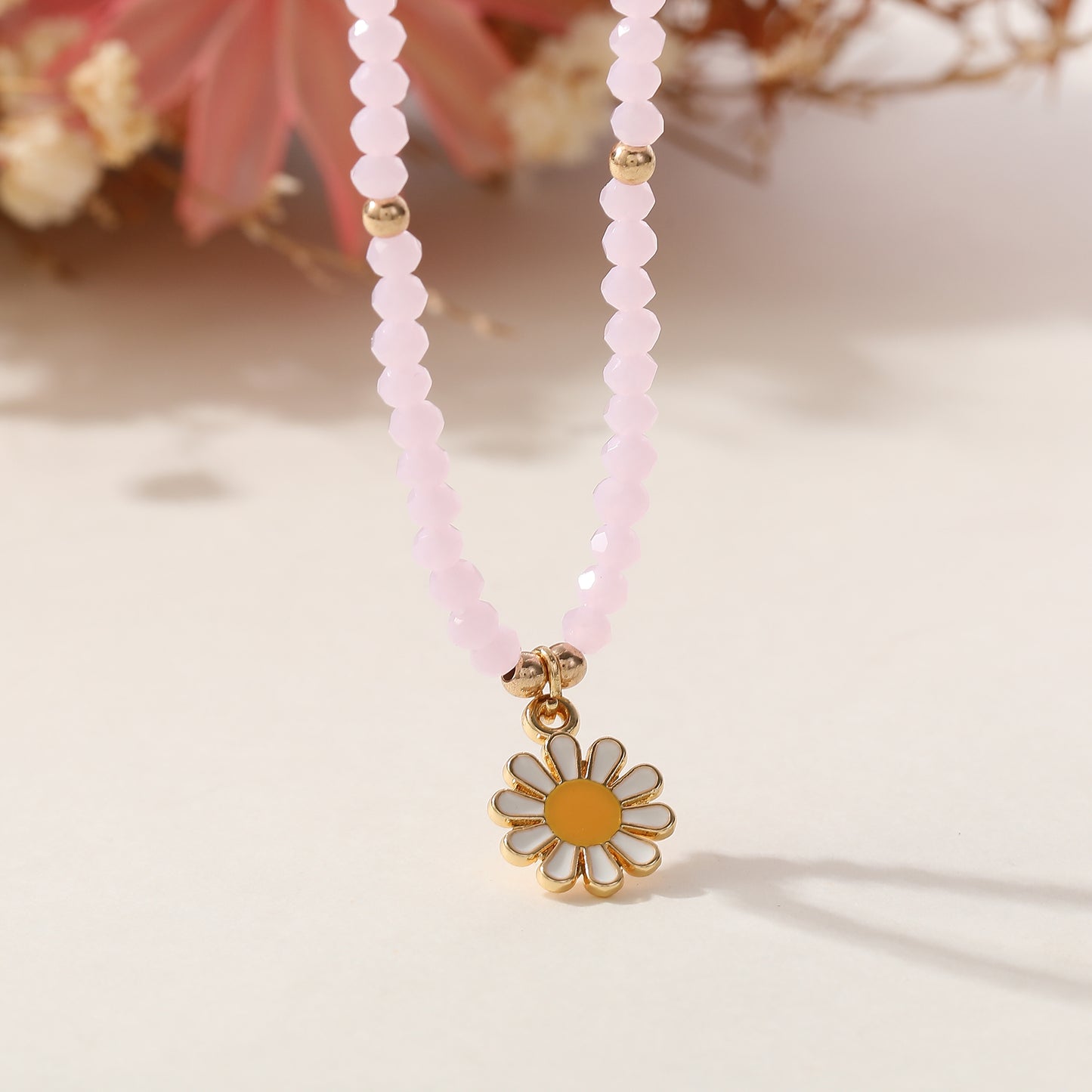 Colorful Bead Necklace with Enamel Daisy Charm & Gold Accent Beads - Boho Style Jewelry for Women - Perfect for Spring, Summer, Everyday Style