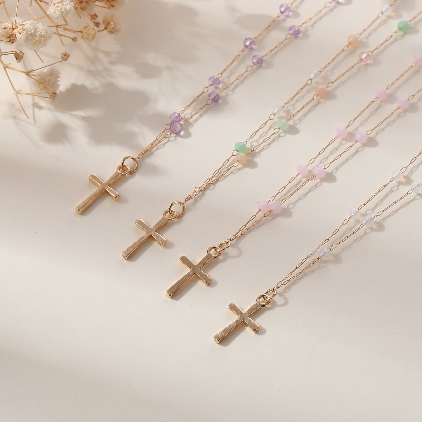 Delicate Gold Chain Necklace with Gold Cross & Assorted Faceted Beads - Elegant & Versatile Jewelry for Women
