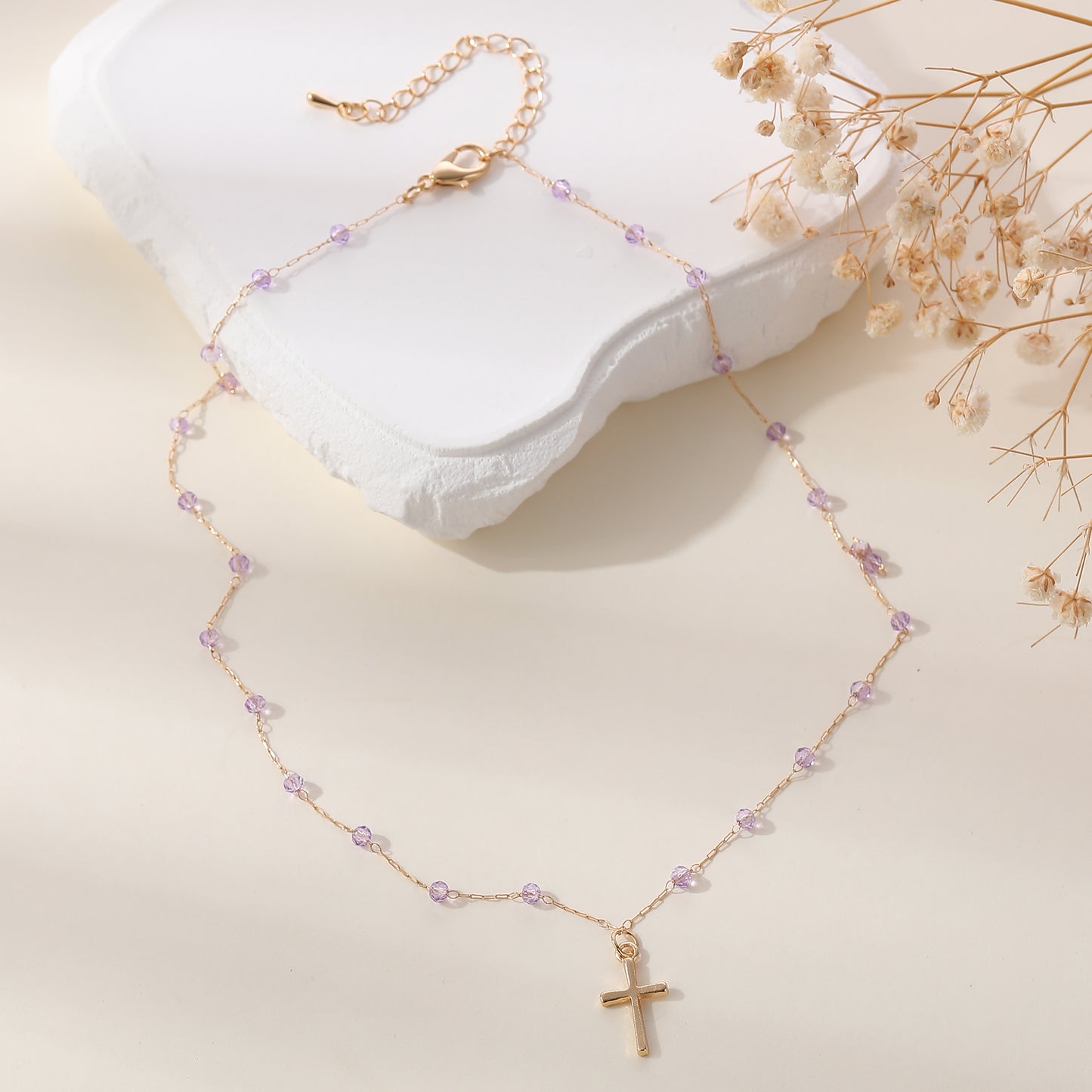 Delicate Gold Chain Necklace with Gold Cross & Assorted Faceted Beads - Elegant & Versatile Jewelry for Women