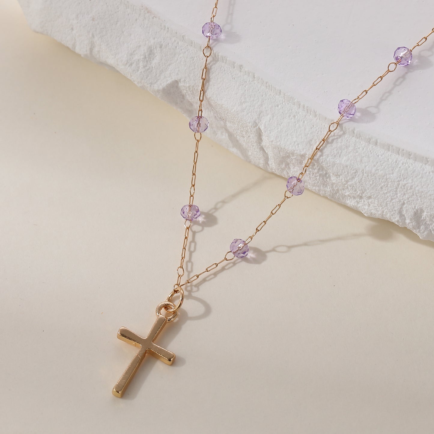 Delicate Gold Chain Necklace with Gold Cross & Assorted Faceted Beads - Elegant & Versatile Jewelry for Women