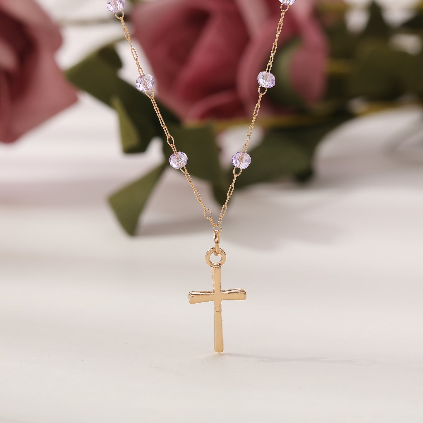 Delicate Gold Chain Necklace with Gold Cross & Assorted Faceted Beads - Elegant & Versatile Jewelry for Women