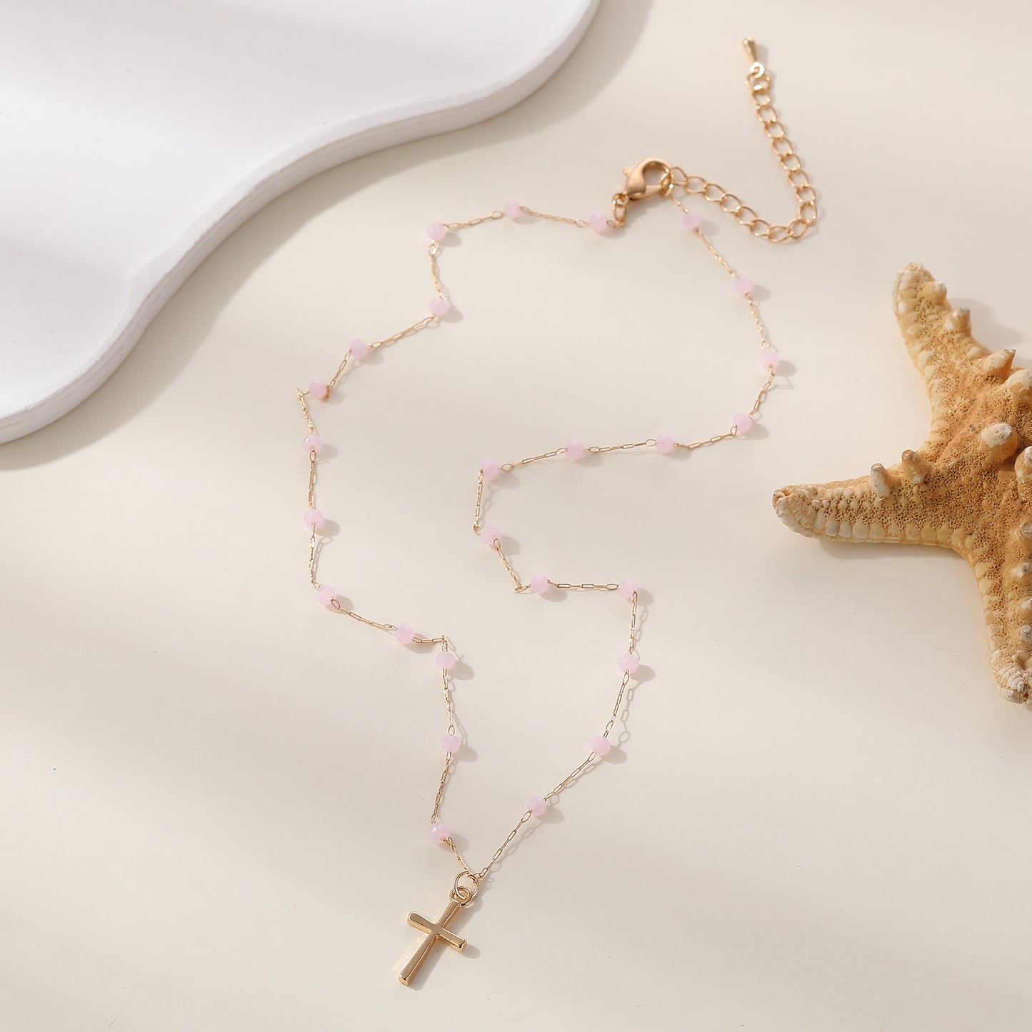 Delicate Gold Chain Necklace with Gold Cross & Assorted Faceted Beads - Elegant & Versatile Jewelry for Women