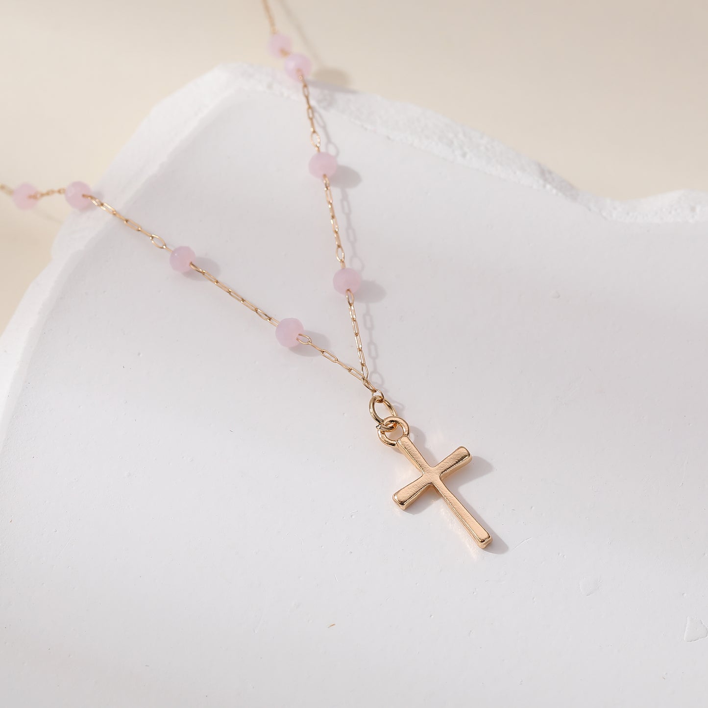 Delicate Gold Chain Necklace with Gold Cross & Assorted Faceted Beads - Elegant & Versatile Jewelry for Women