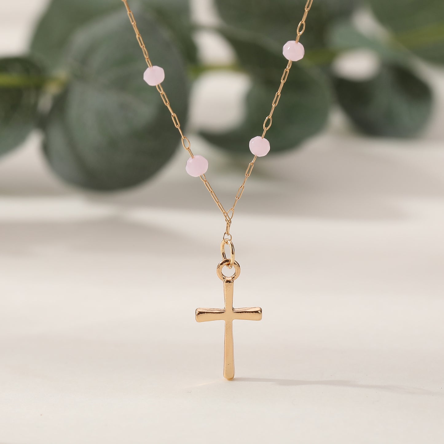Delicate Gold Chain Necklace with Gold Cross & Assorted Faceted Beads - Elegant & Versatile Jewelry for Women