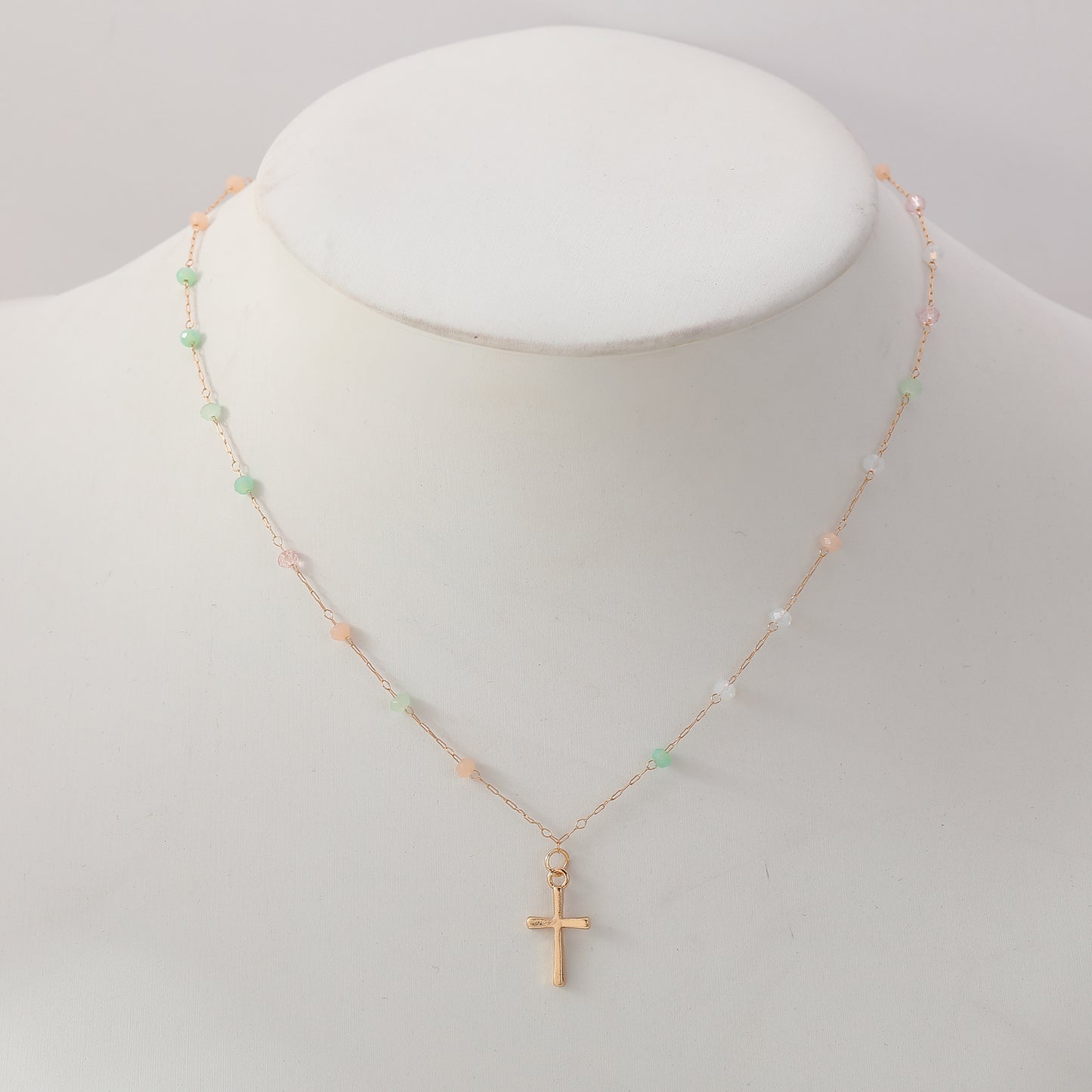 Delicate Gold Chain Necklace with Gold Cross & Assorted Faceted Beads - Elegant & Versatile Jewelry for Women