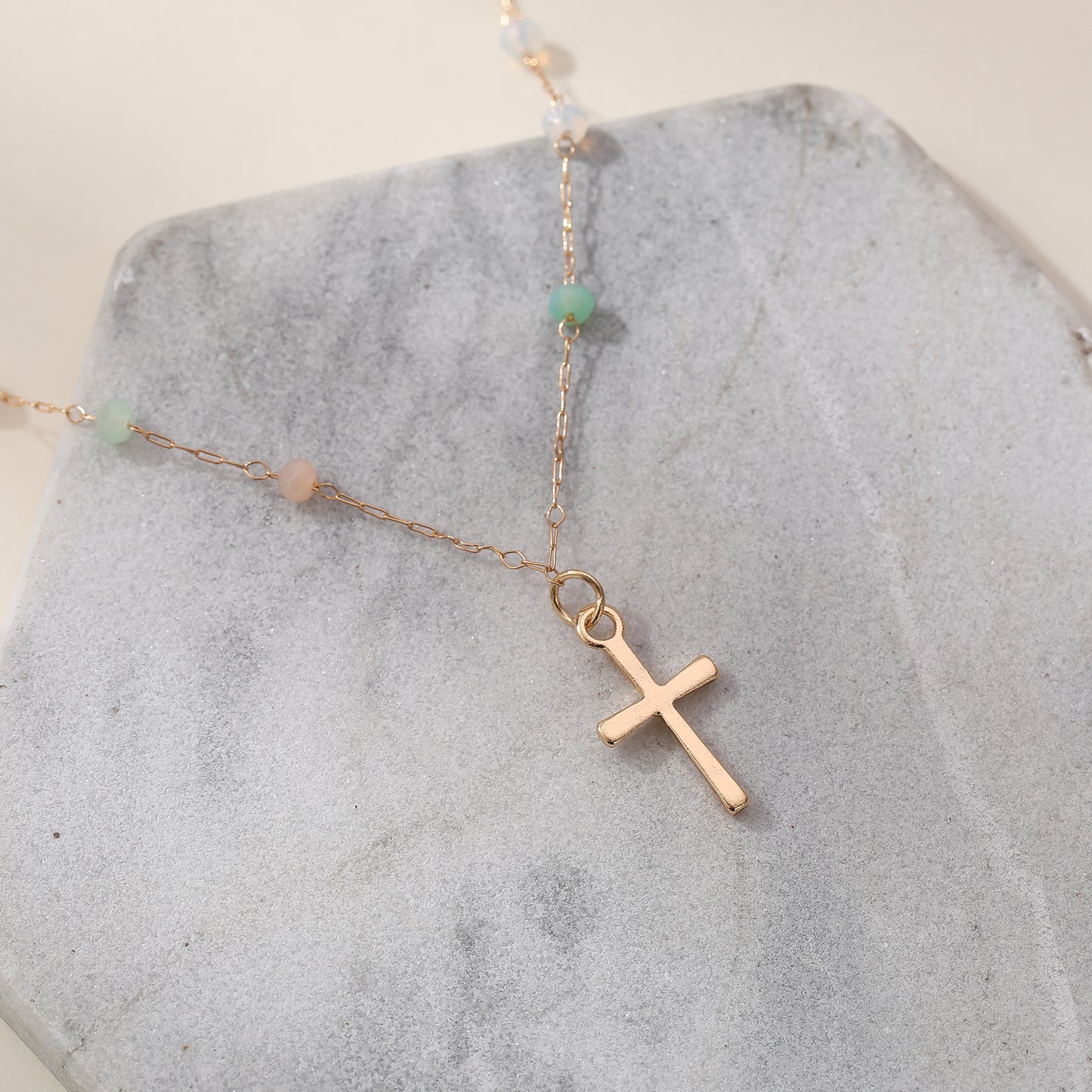 Delicate Gold Chain Necklace with Gold Cross & Assorted Faceted Beads - Elegant & Versatile Jewelry for Women