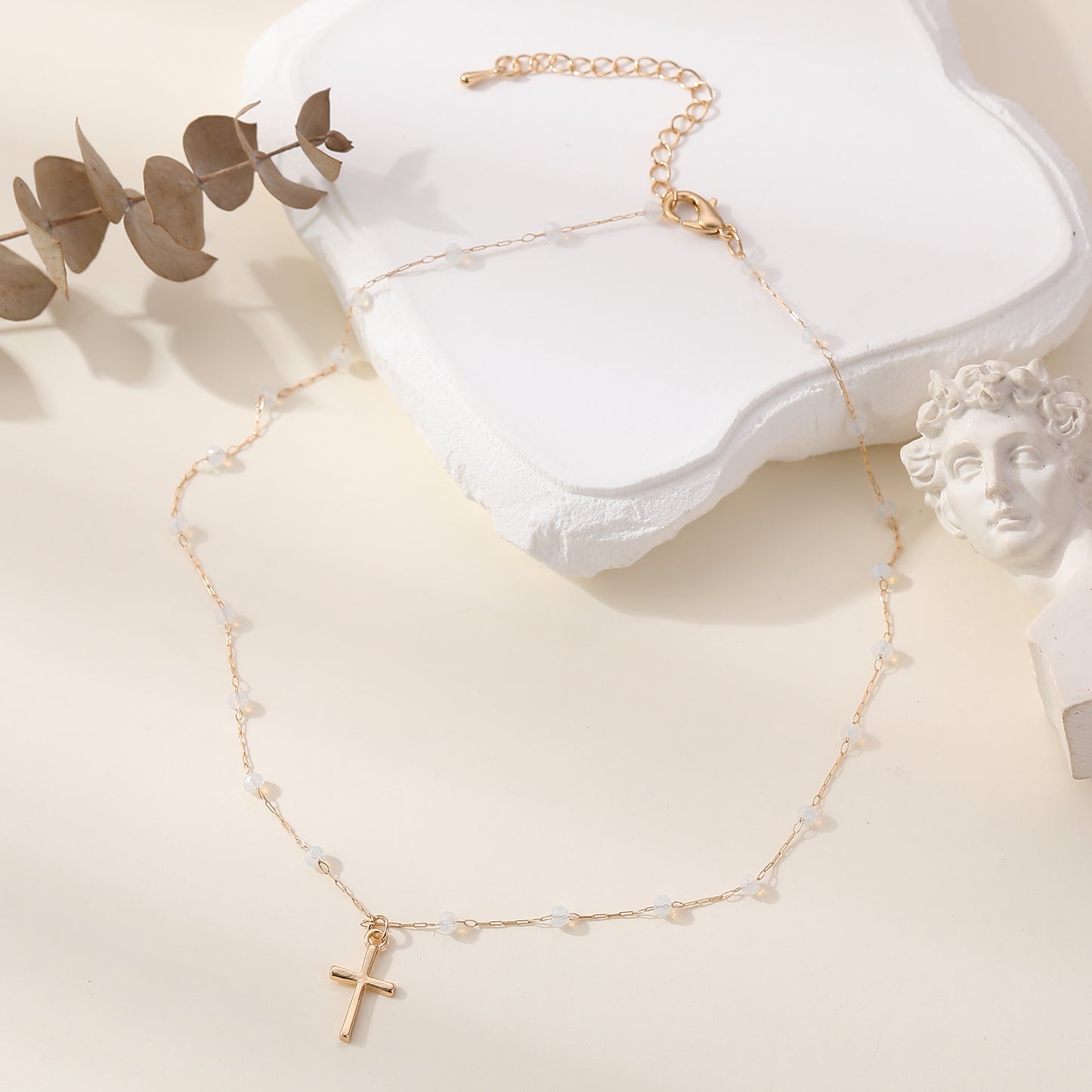 Delicate Gold Chain Necklace with Gold Cross & Assorted Faceted Beads - Elegant & Versatile Jewelry for Women