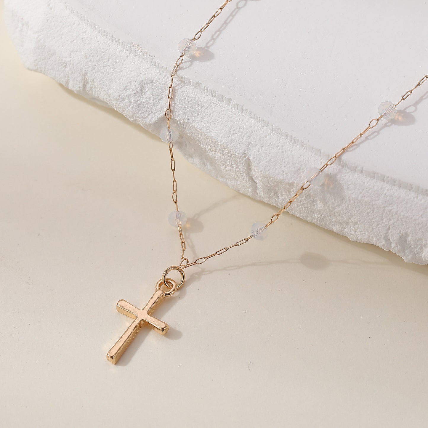 Delicate Gold Chain Necklace with Gold Cross & Assorted Faceted Beads - Elegant & Versatile Jewelry for Women