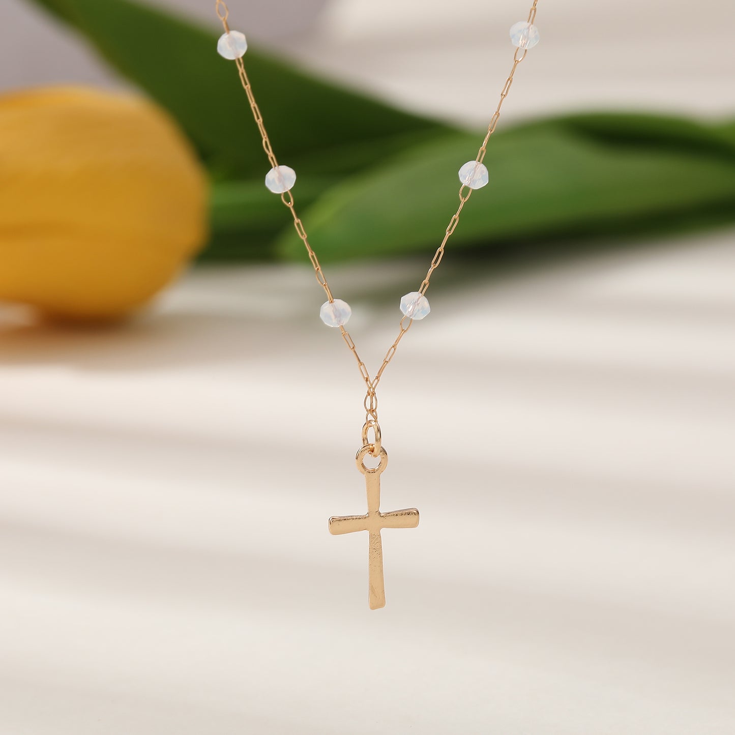 Delicate Gold Chain Necklace with Gold Cross & Assorted Faceted Beads - Elegant & Versatile Jewelry for Women