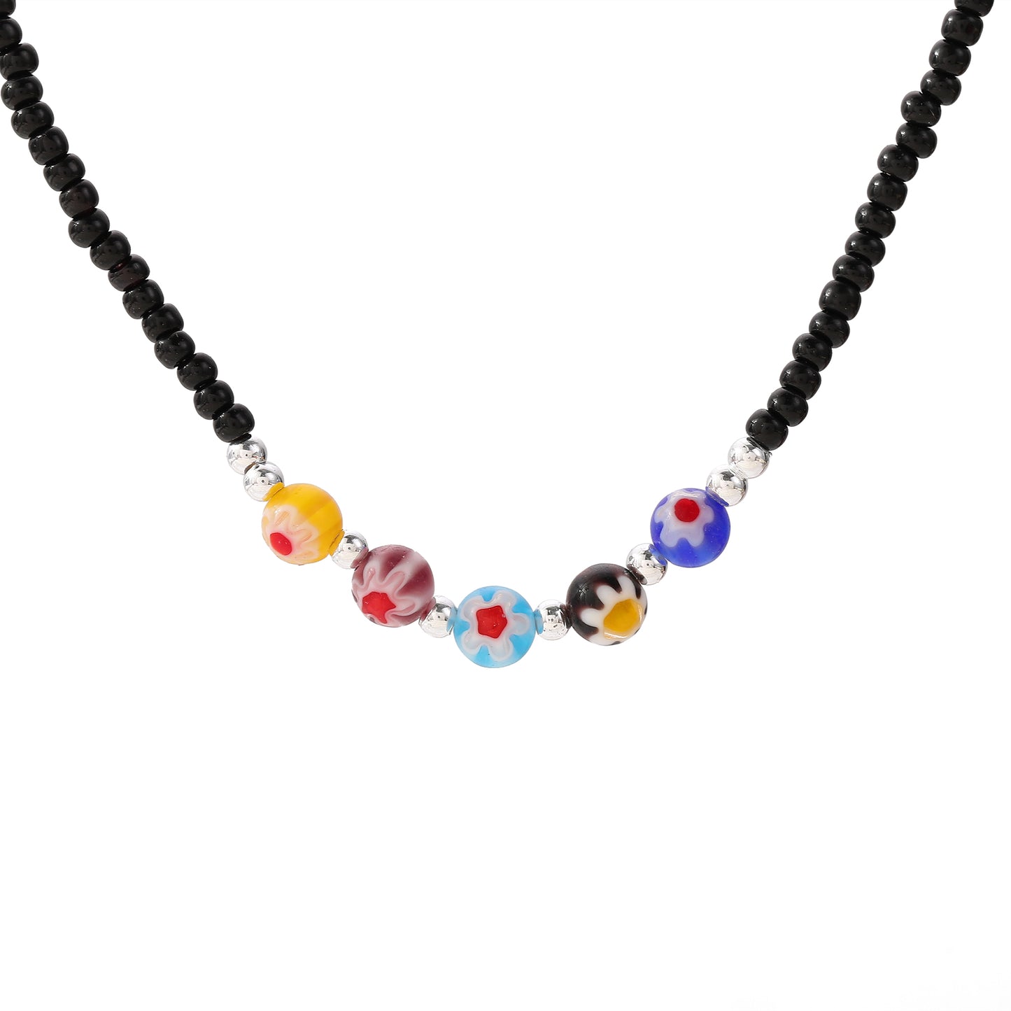 Vibrant Bead Necklace with Glass Flower Charms & Silver Clasp - Stylish & Elegant Jewelry for Women - Perfect for Everyday Wear and Special Occasions