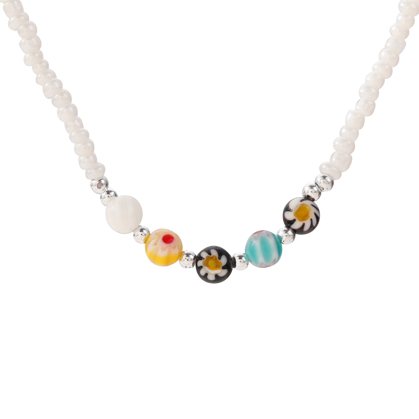 Vibrant Bead Necklace with Glass Flower Charms & Silver Clasp - Stylish & Elegant Jewelry for Women - Perfect for Everyday Wear and Special Occasions
