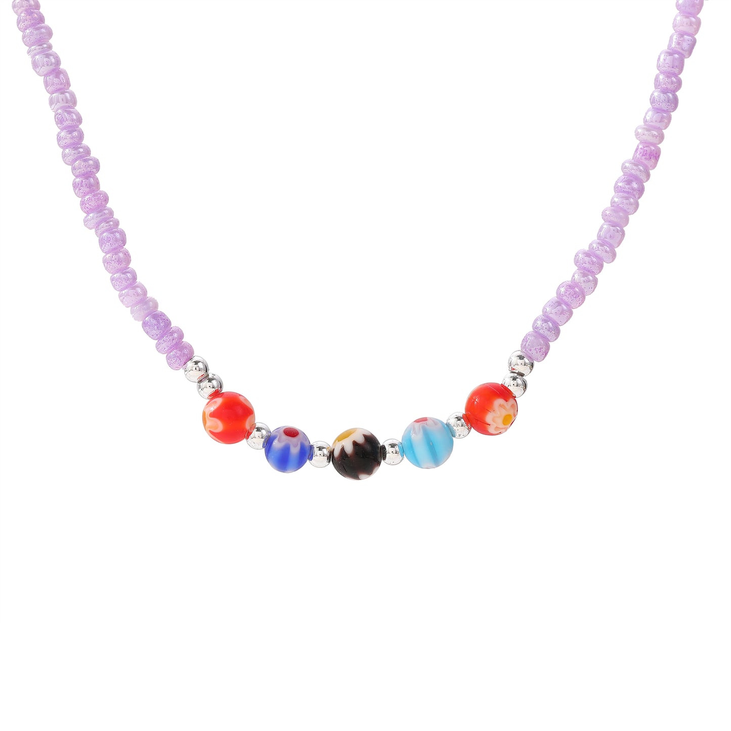 Vibrant Bead Necklace with Glass Flower Charms & Silver Clasp - Stylish & Elegant Jewelry for Women - Perfect for Everyday Wear and Special Occasions