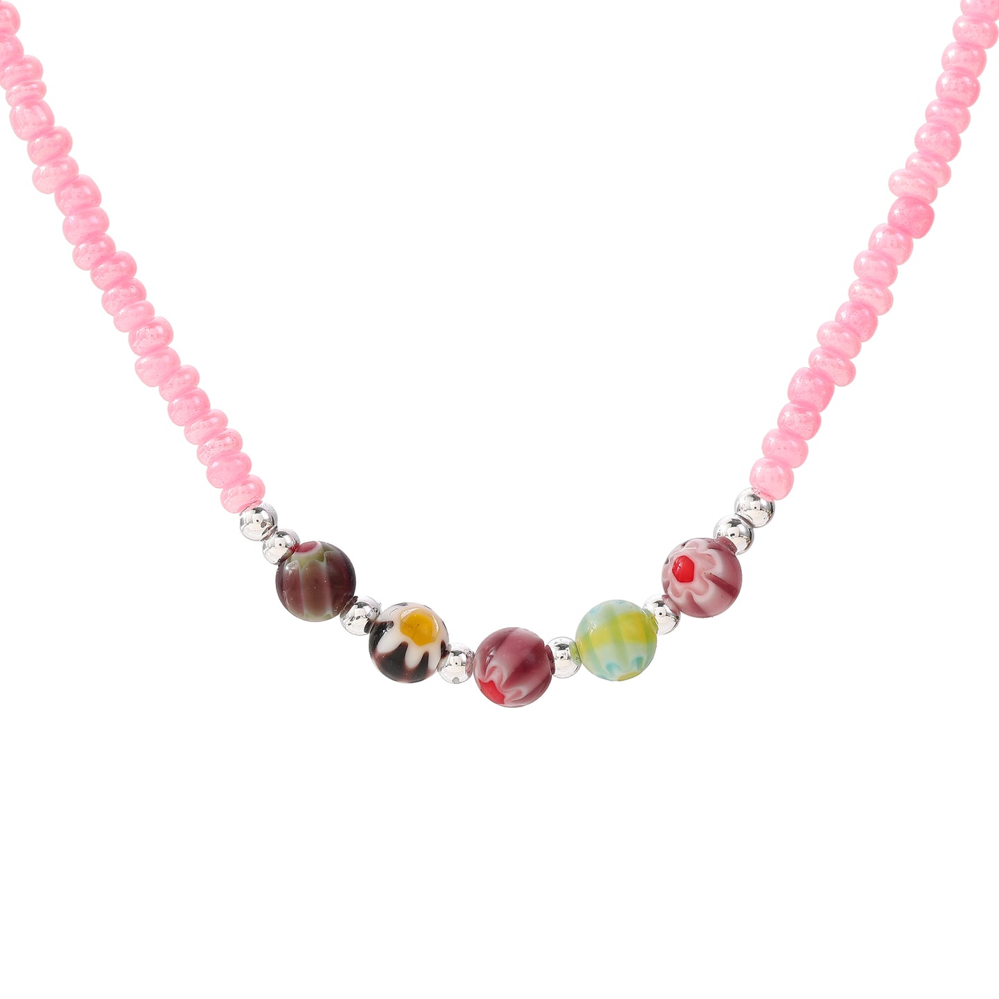 Vibrant Bead Necklace with Glass Flower Charms & Silver Clasp - Stylish & Elegant Jewelry for Women - Perfect for Everyday Wear and Special Occasions
