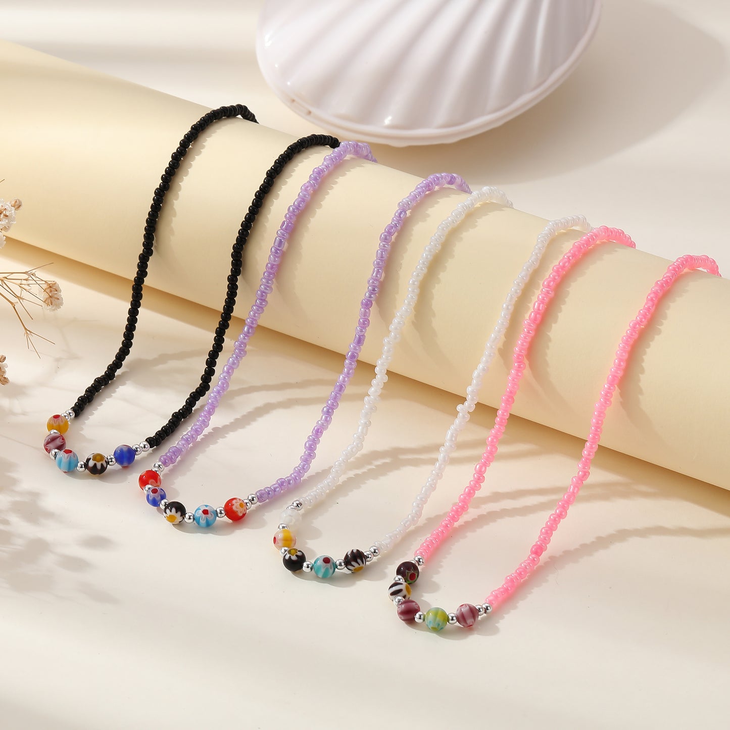 Vibrant Bead Necklace with Glass Flower Charms & Silver Clasp - Stylish & Elegant Jewelry for Women - Perfect for Everyday Wear and Special Occasions