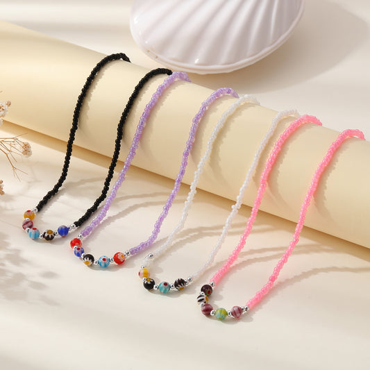Vibrant Bead Necklace with Glass Flower Charms & Silver Clasp - Stylish & Elegant Jewelry for Women - Perfect for Everyday Wear and Special Occasions