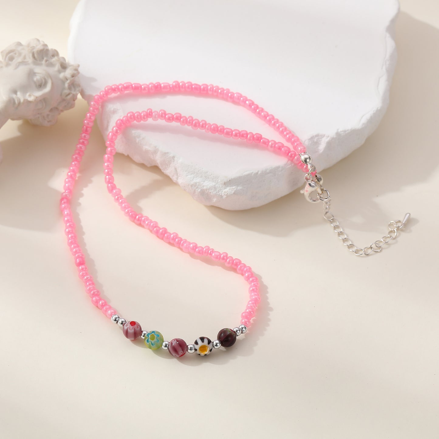 Vibrant Bead Necklace with Glass Flower Charms & Silver Clasp - Stylish & Elegant Jewelry for Women - Perfect for Everyday Wear and Special Occasions