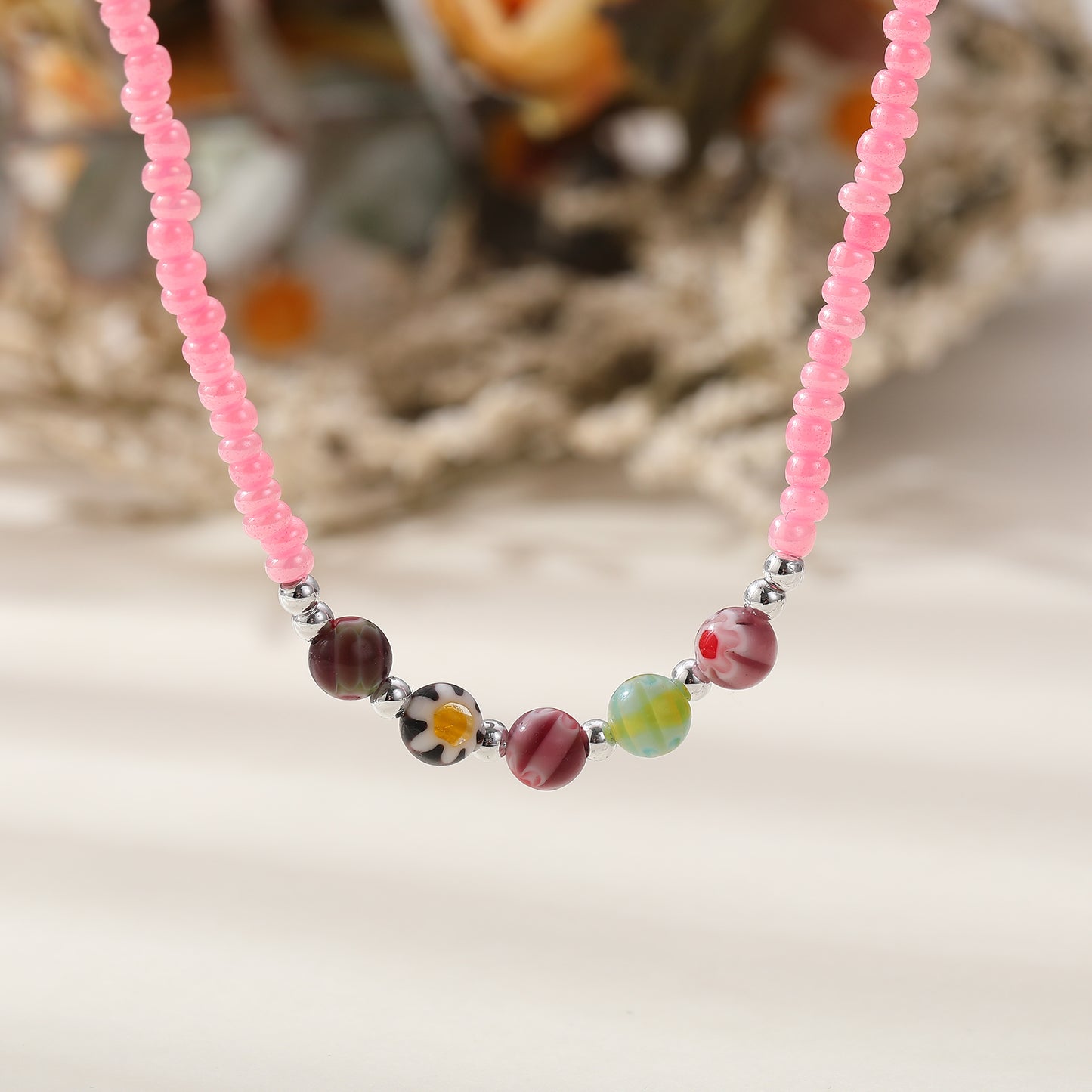 Vibrant Bead Necklace with Glass Flower Charms & Silver Clasp - Stylish & Elegant Jewelry for Women - Perfect for Everyday Wear and Special Occasions