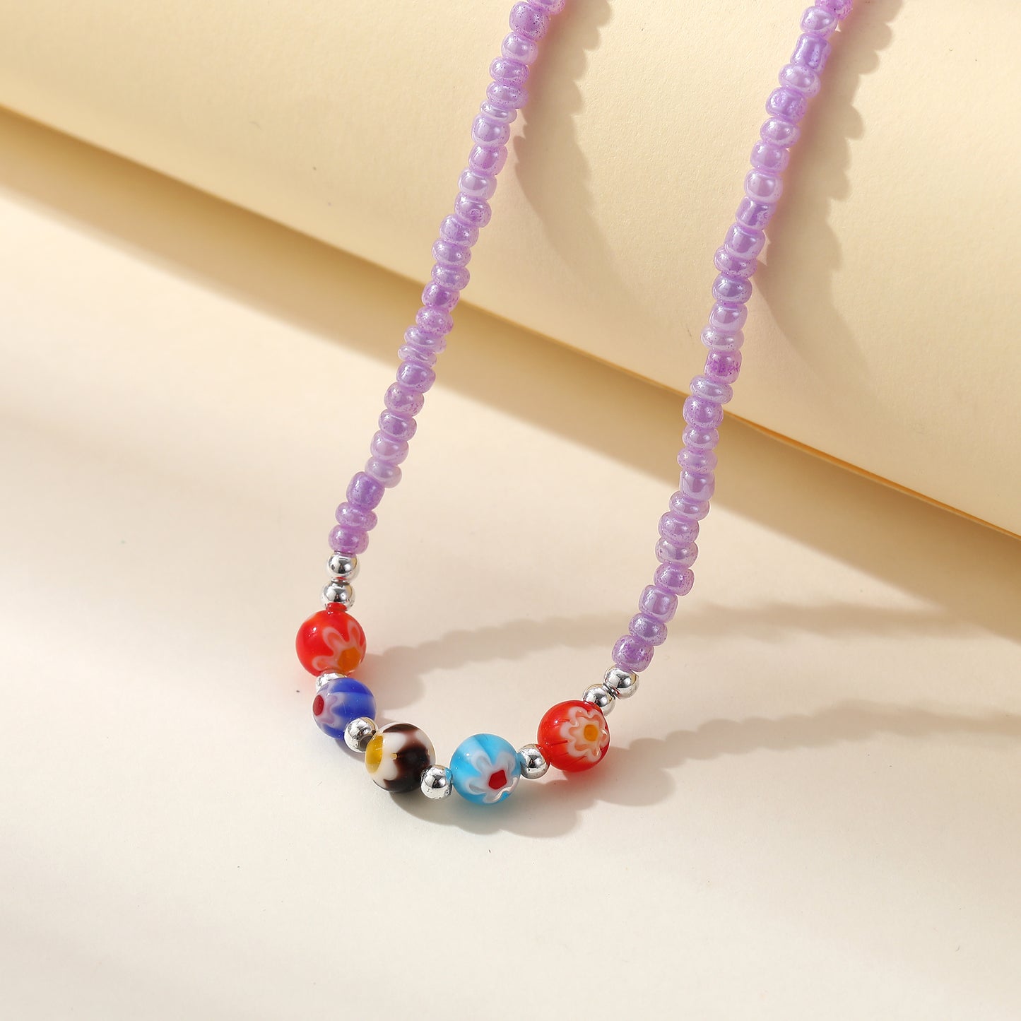 Vibrant Bead Necklace with Glass Flower Charms & Silver Clasp - Stylish & Elegant Jewelry for Women - Perfect for Everyday Wear and Special Occasions