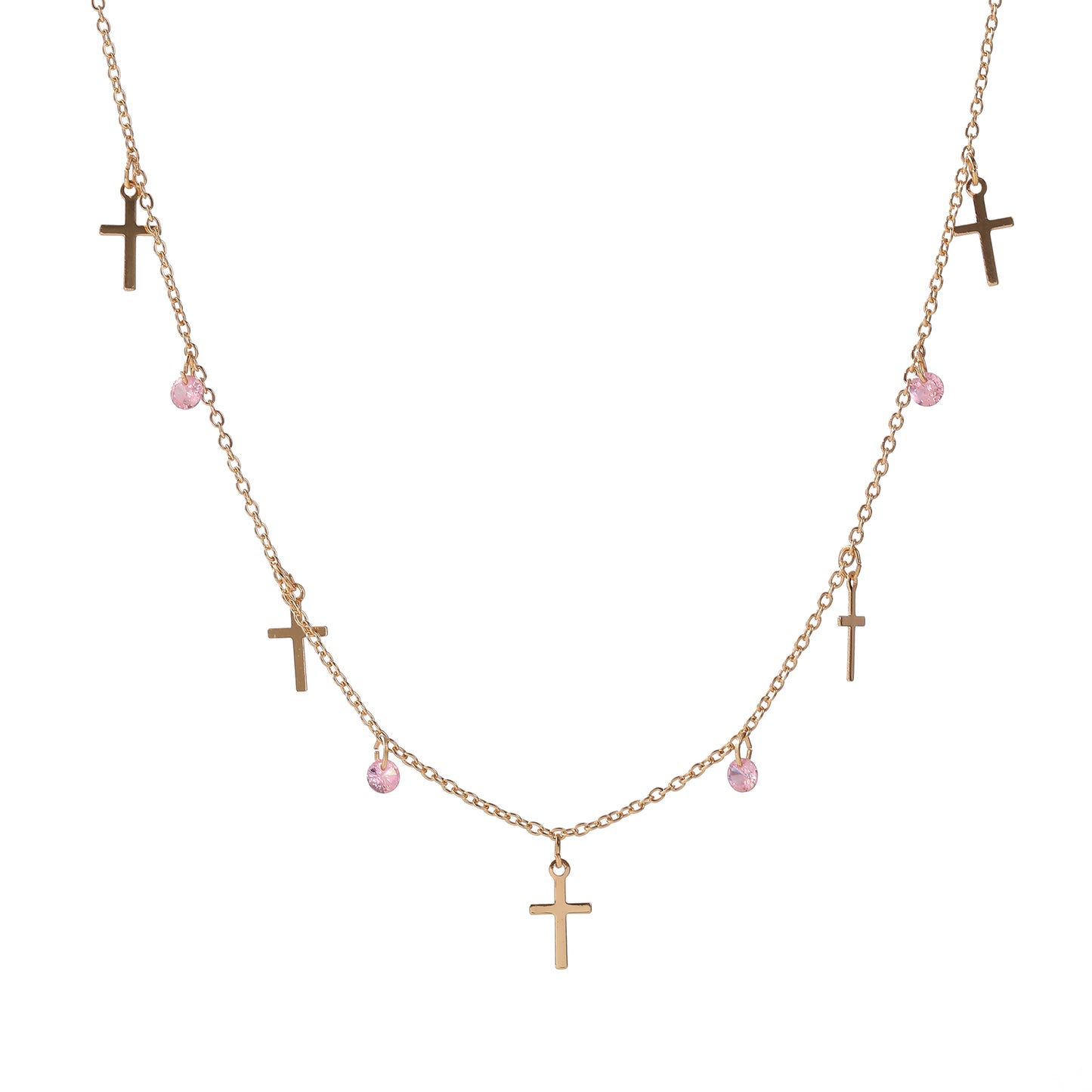 Stylish Gold Chain Necklace with Small Crosses & Assorted Crystal Dangles - Elegant Everyday Jewelry for Women - Perfect for Casual or Formal Outfits