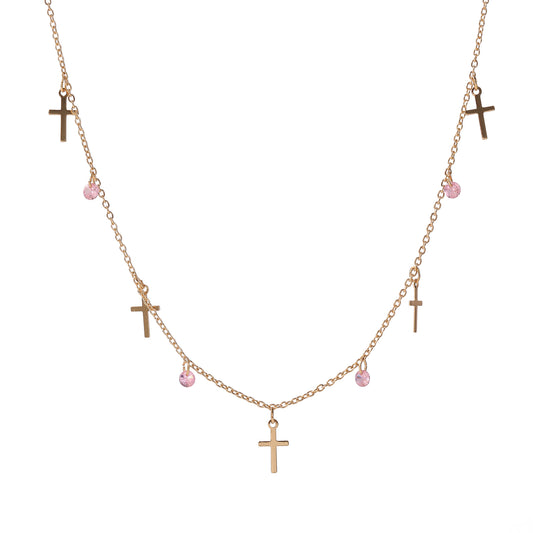 Stylish Gold Chain Necklace with Small Crosses & Assorted Crystal Dangles - Elegant Everyday Jewelry for Women - Perfect for Casual or Formal Outfits
